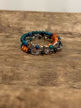 Hamsa 🪬 Wrap Bracelet with Blue and Orange Beading
